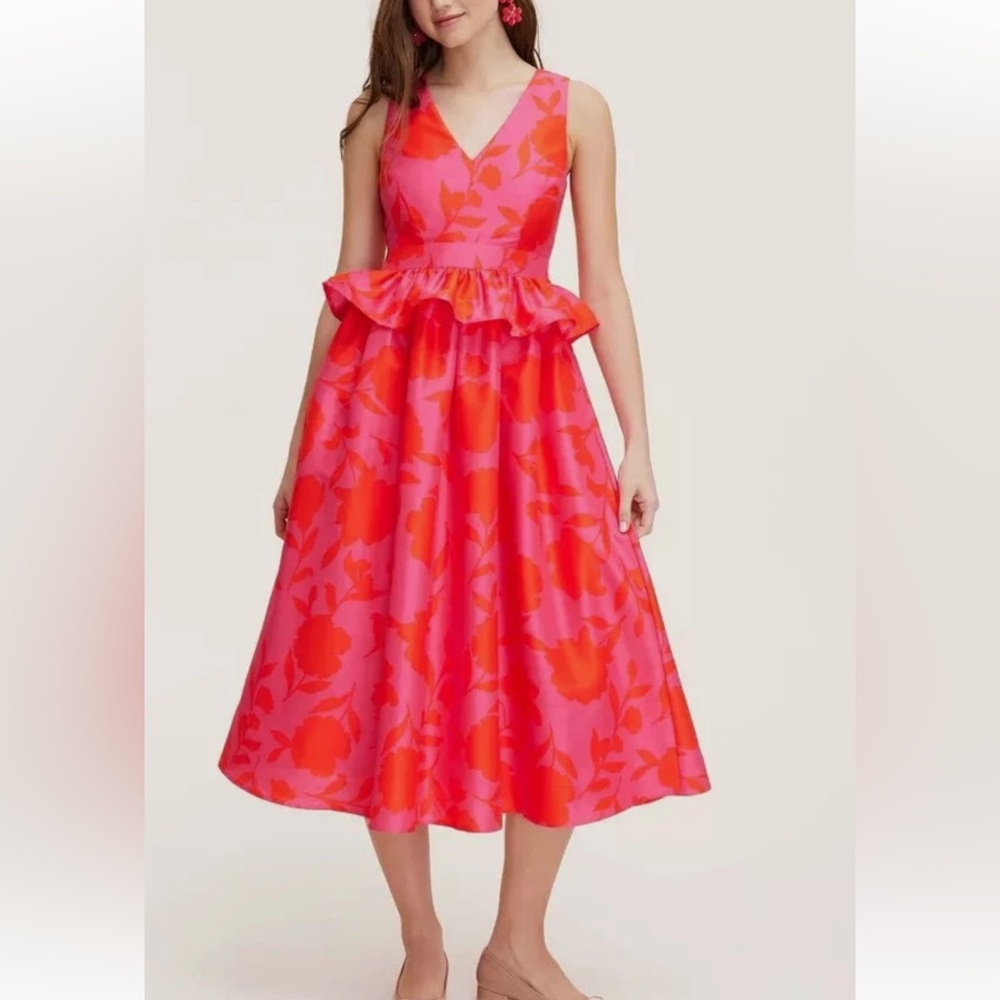 kate spade Pink and Orange Floral V-Neck Peplum Maxi Dress
